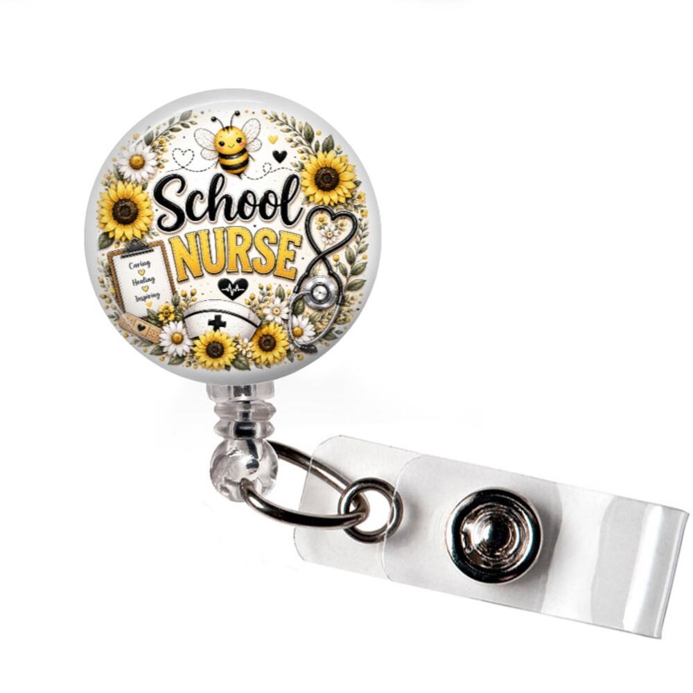 School Nurse Badge Reel Bee Sunflower Nurse Floral ID Holder